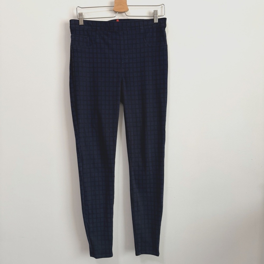 Spanx Jeanish Ankle Leggings L Black Blue Plaid Print Skinny Pull On Casual Pant